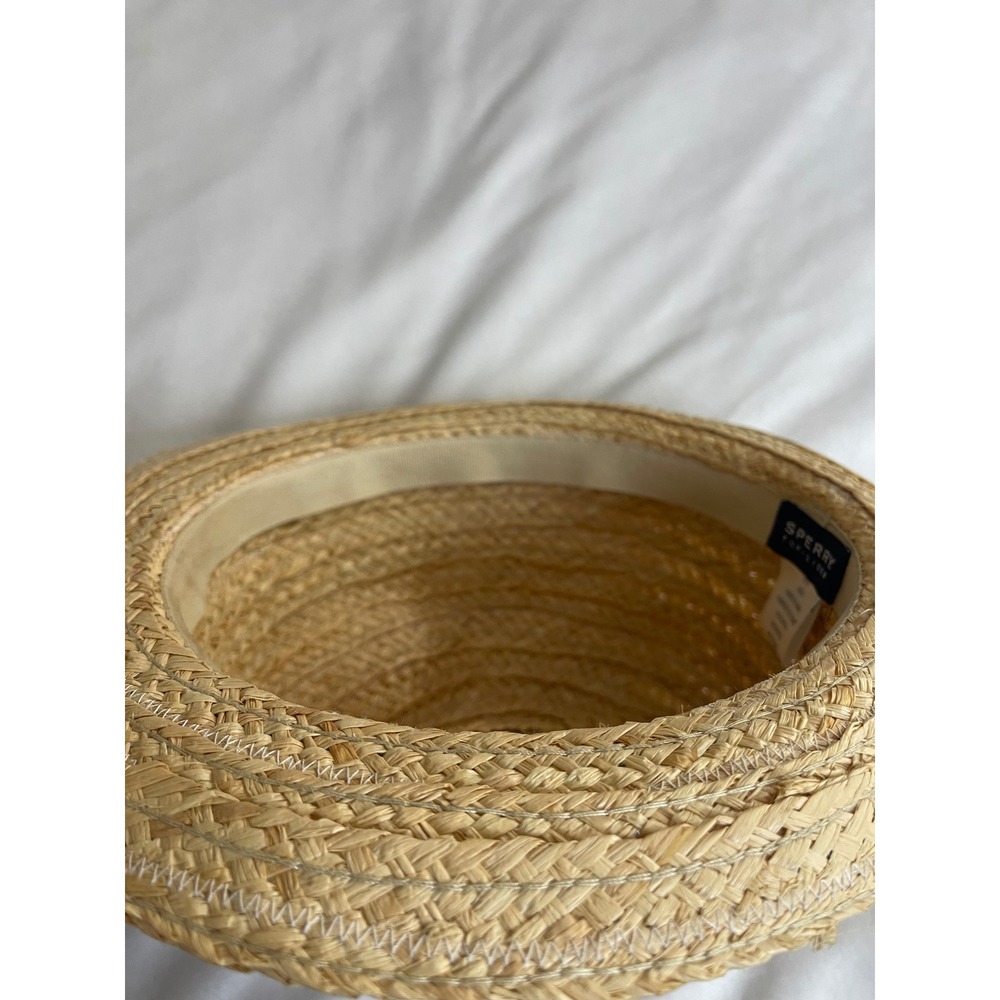 Sperry Top-Sider Womens Straw Fedora Hat Tan Blue Striped Raffia Sun Hat 5H187 - Picture 9 of 11